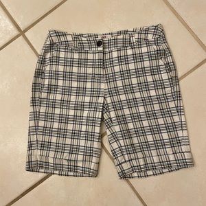 FLG plaid cotton shorts, inseam approximately 9”.